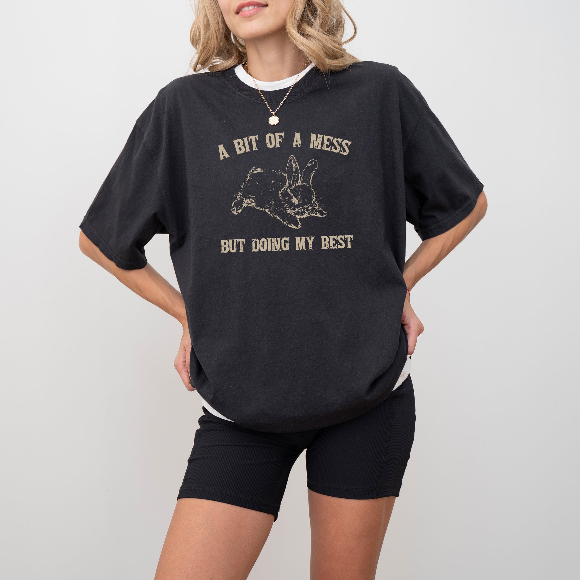 Cute bunny graphic tee, "A Bit Of A Mess, Doing My Best," combines funny and aesthetic vibes for comfy style.