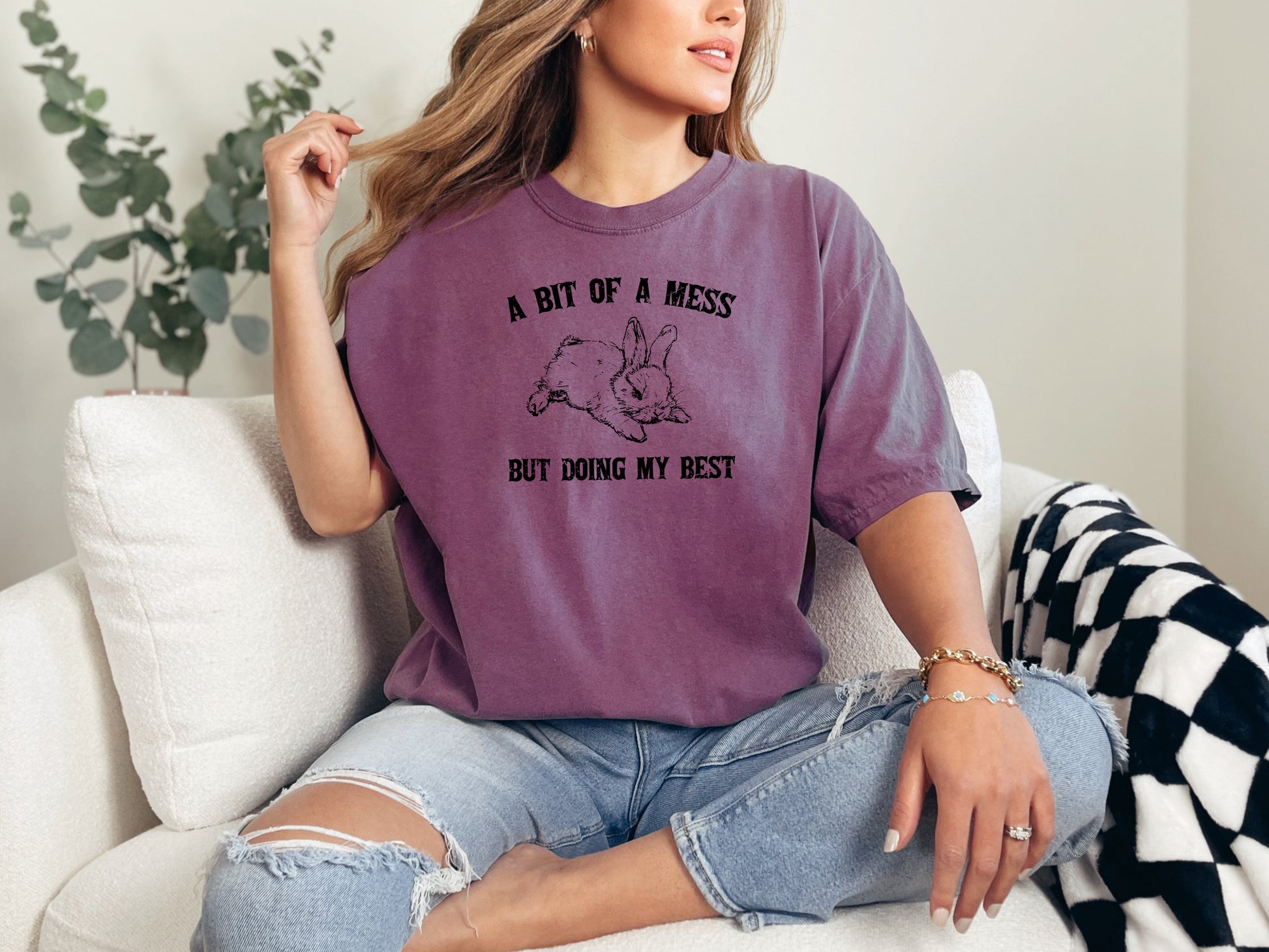 Funny aesthetic tee featuring a cute bunny and the phrase "A Bit Of A Mess, Doing My Best," perfect for casual style.