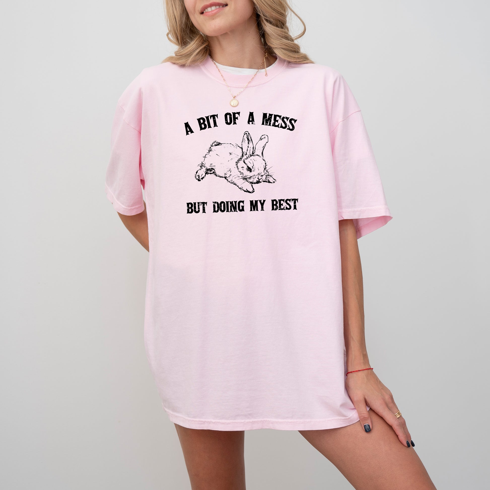 Cute bunny graphic tee featuring "A Bit Of A Mess, Doing My Best," perfect for a funny, aesthetic look. Ideal for casual wear!