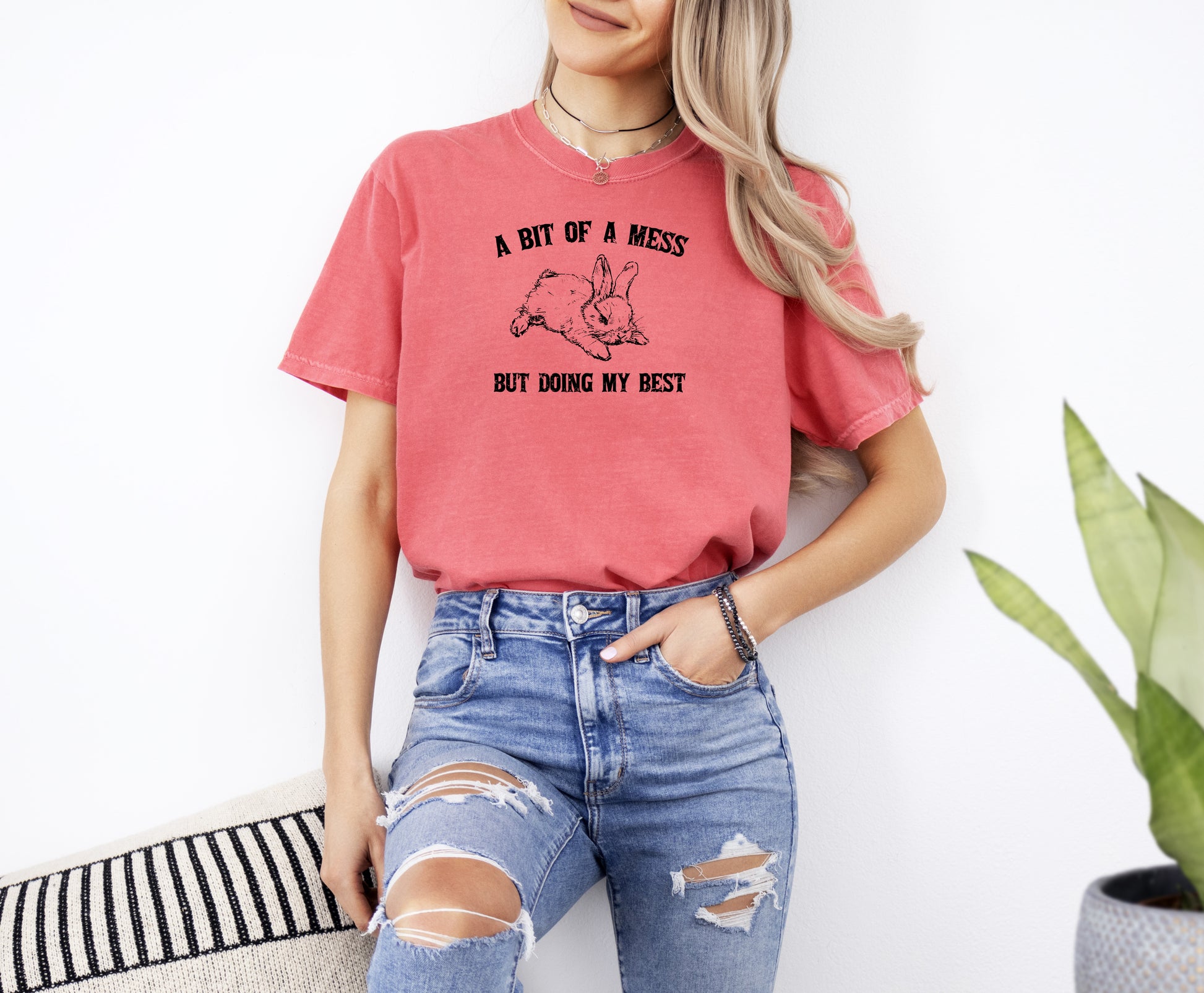 Cute bunny t-shirt saying "A Bit Of A Mess, Doing My Best," perfect for funny, aesthetic meme lovers.