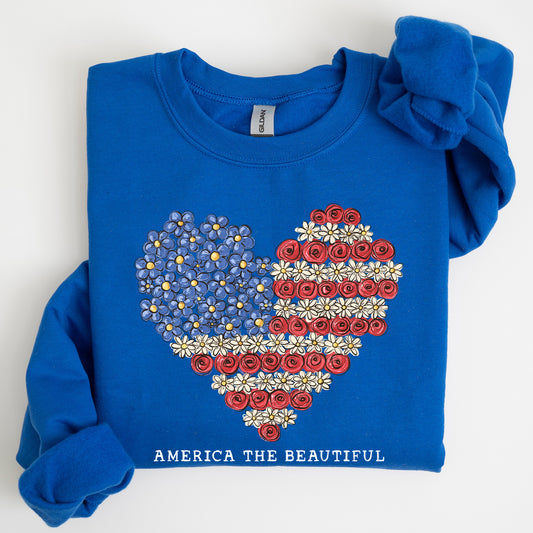 America The Beautiful, Flowers, Heart Flag, Sweatshirt