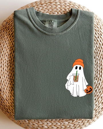 Cute Skater Ghost, Pocket Print, Halloween, Coffee, Trick or Treat Shirt Comfort Colors T-Shirt