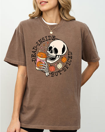 Dead Inside But Spiced, Pumpkin Spice Latte, Coffee, Skeleton, Halloween, Funny, Fall, Autumn, Thanksgiving Shirt Comfort Colors T-Shirt