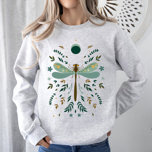 Floral Night Sky, Dragonfly, Moon, and Blooms Sweatshirt