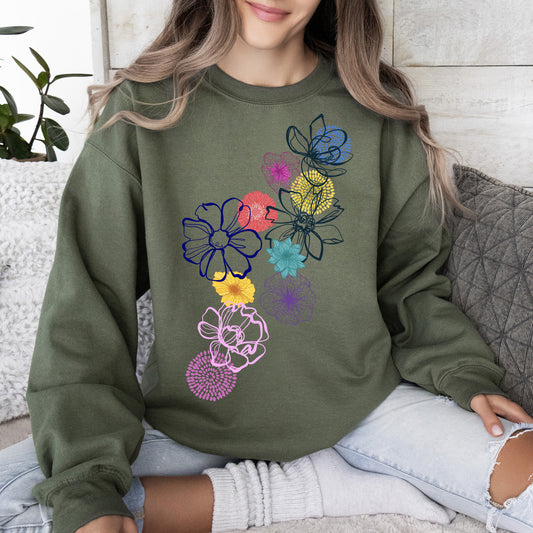 Floral Outlines, Leaves, Flowers, Colorful Sweatshirt