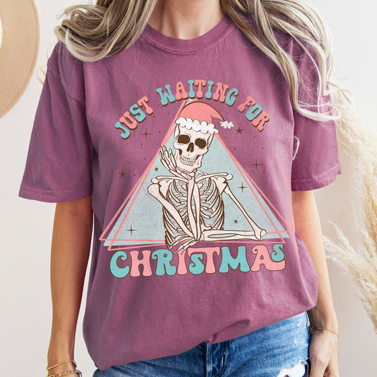 Just Waiting For Christmas, Skeleton, Retro, Classic, Comfort Colors, Tshirt