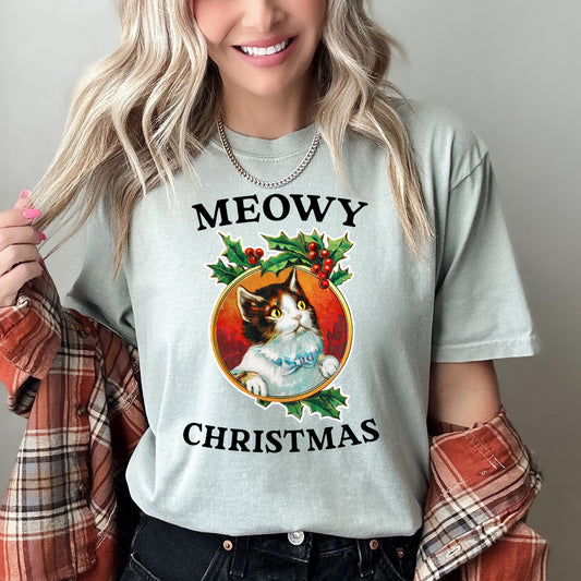 Meowy Christmas, Funny, Retro, Cat, Comfort Colors, Tshirt
