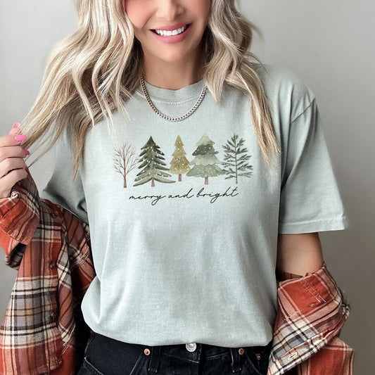 Merry And Bright, Watercolor Trees, Christmas, Comfort Colors, Tshirt