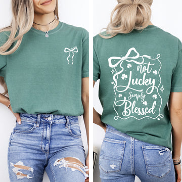 Not Lucky, Just Blessed, Ribbon, Bows, Coquette, Christian, St Patrick's Day, Shamrock, Clover, Lucky, Leprechaun Tshirt Comfort Colors T-Shirt