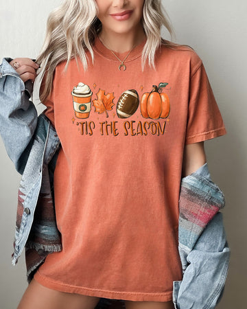 Tis The Season, Pumpkin Spice Latte, Football, Leaves, Coffee, Autumn, Fall Shirt Comfort Colors T-Shirt