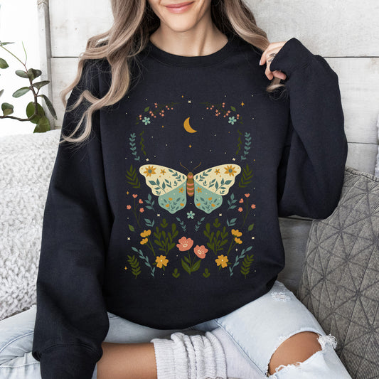 Twilight Flora and Fauna, Moon, Moth, and Flower Sweatshirt