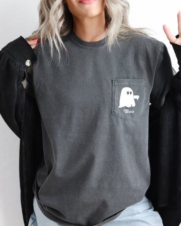 Boo Thumb, Ghost, Halloween Pocket Tee Comfort Colors T-Shirt