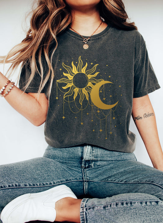Sun and Moon Gold Chain Celestial Comfort Colors Tshirt