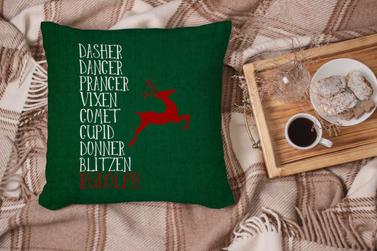 Green Reindeer Names, Rudolph, Christmas Pillow Cover, Festive Holiday Decorative Throw Cushion Case