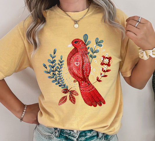 Scandinavian Folk Red Bird Comfort Colors Tshirt