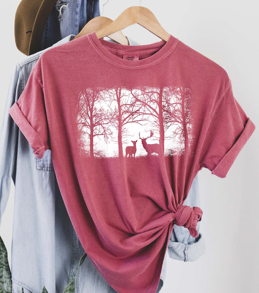 Vintage Nature Forest and Deer Silhouette Comfort Colors Tshirt