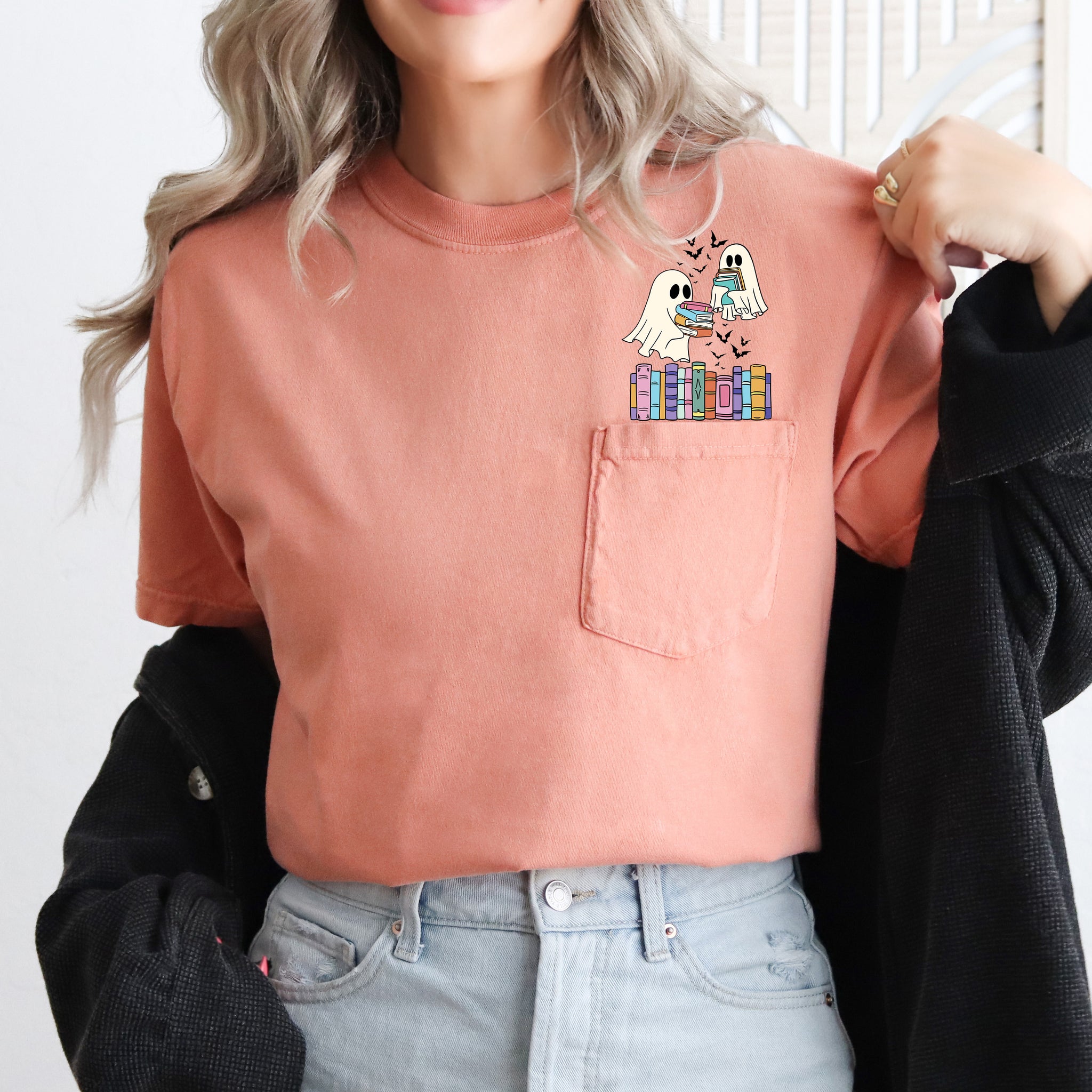Cute Book Lover Ghosts, Reading, Library, Teacher, Halloween, Pocket, Comfort Colors Pocket T-Shirt