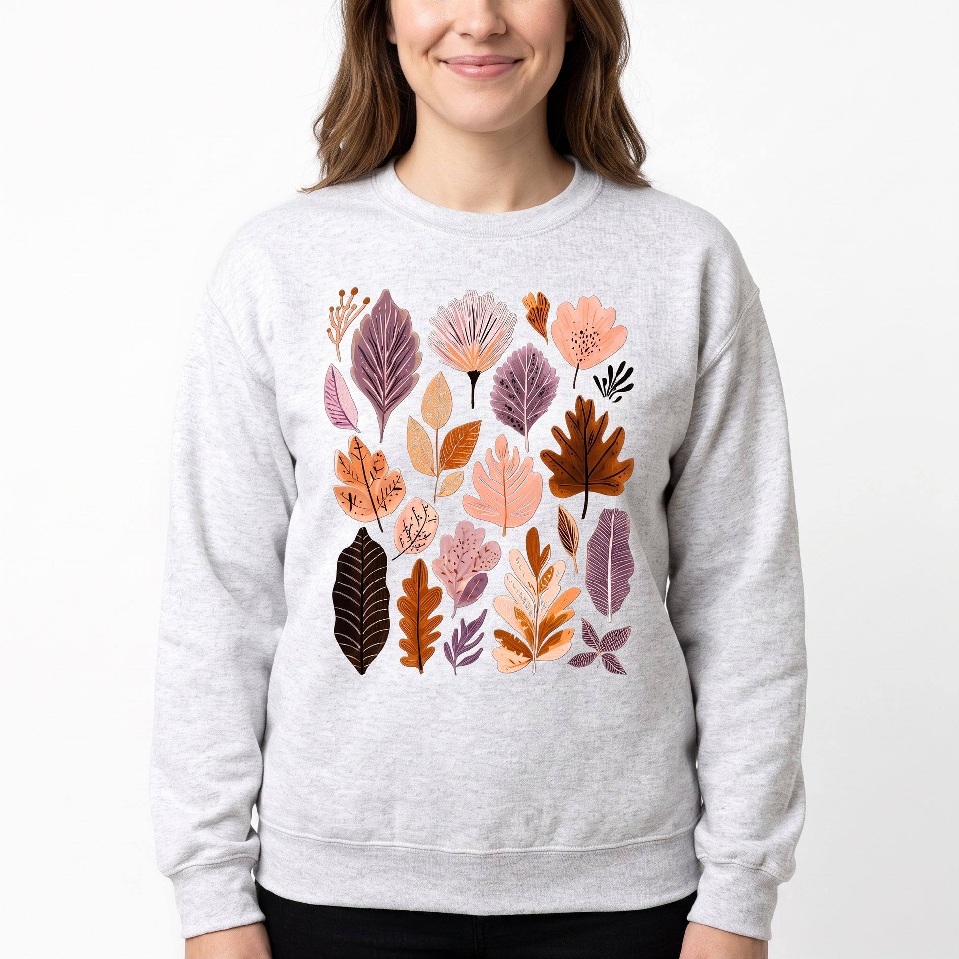 Model wearing the Abstract Autumn Leaves sweatshirt in Ash, cover image 1