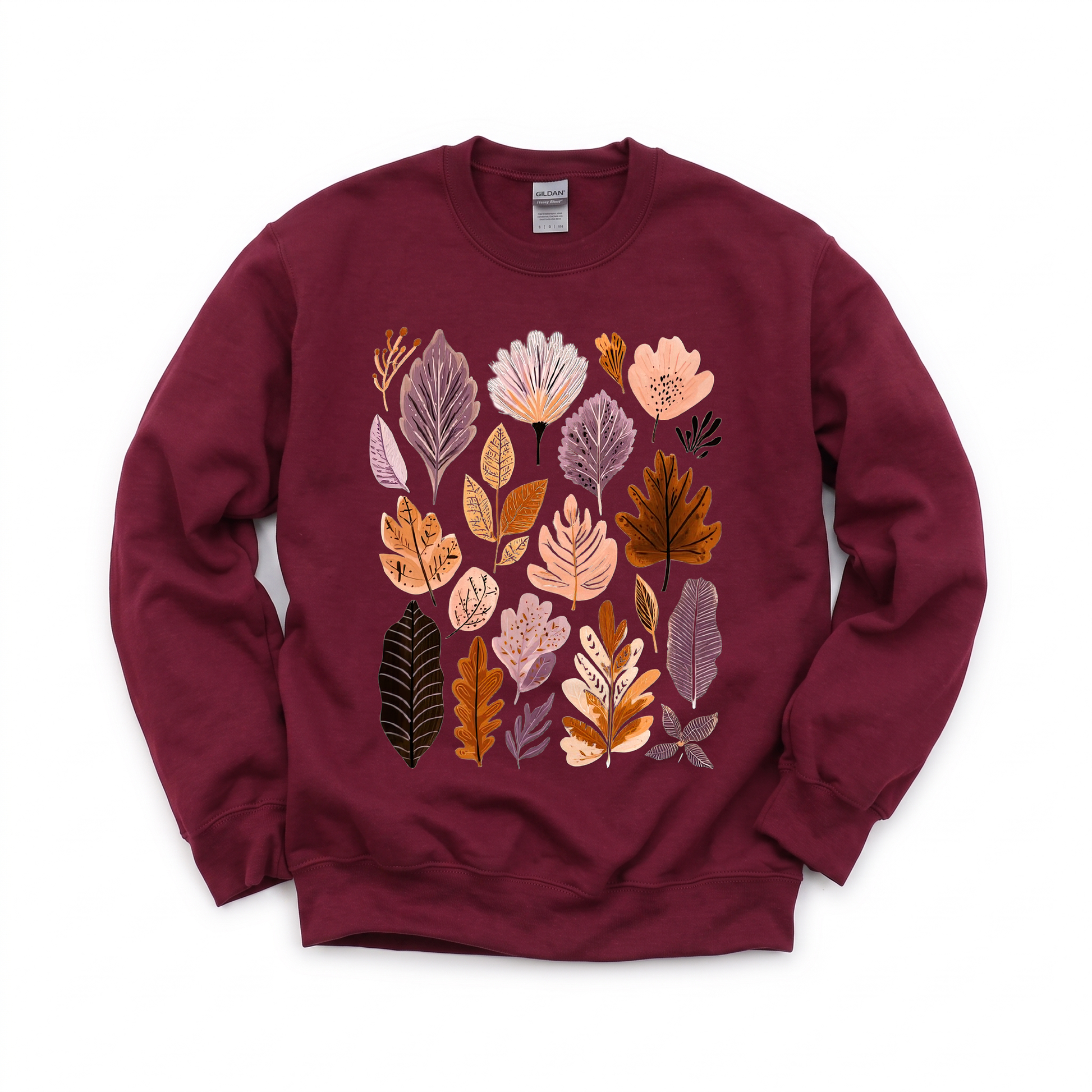 Abstract Autumn Leaves graphic on Gildan 18000 in Maroon