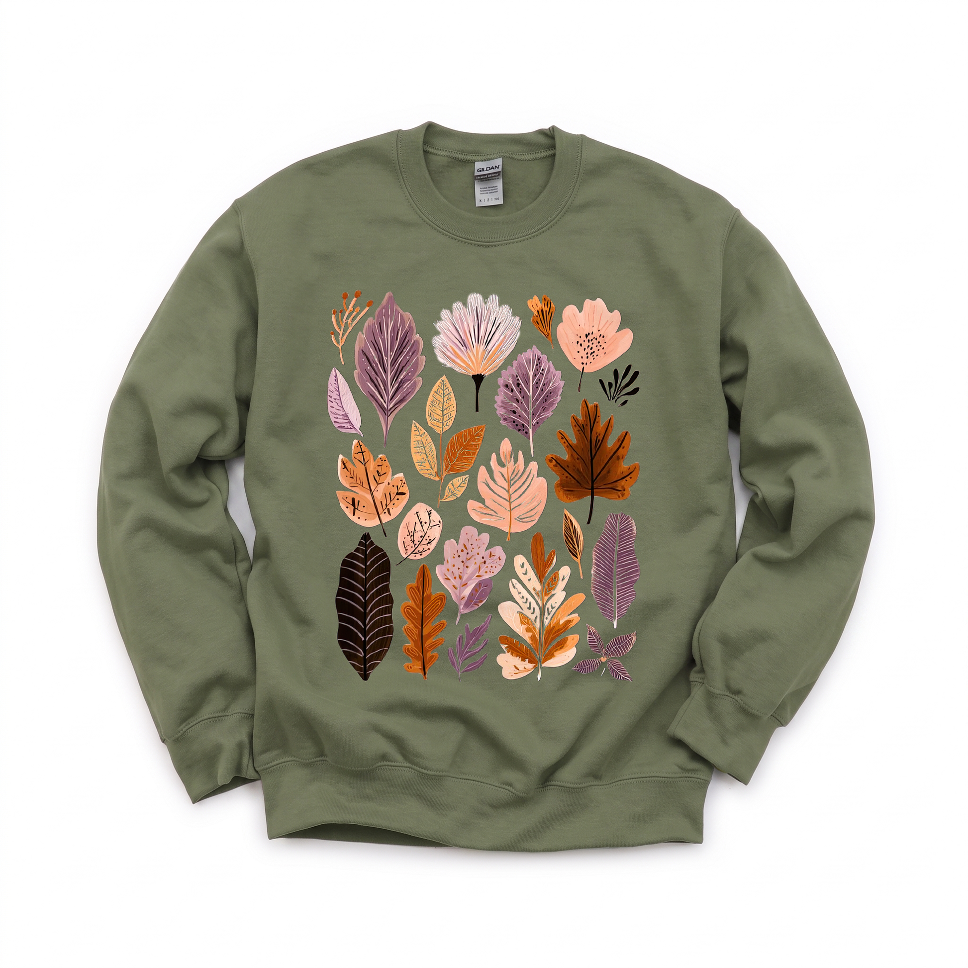 Abstract Autumn Leaves graphic on Gildan 18000 in Military Green