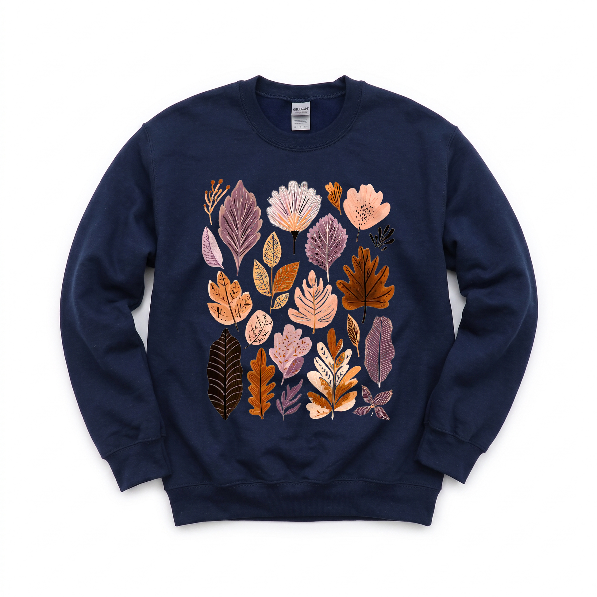 Abstract Autumn Leaves graphic on Gildan 18000 in Navy
