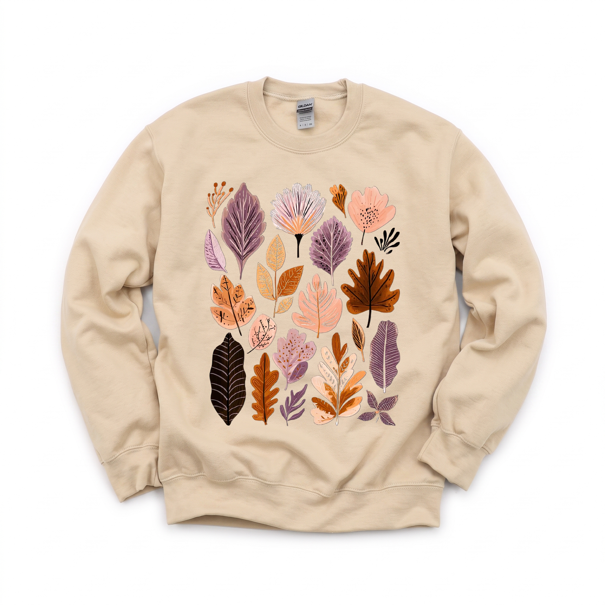 Abstract Autumn Leaves graphic on Gildan 18000 in Sand