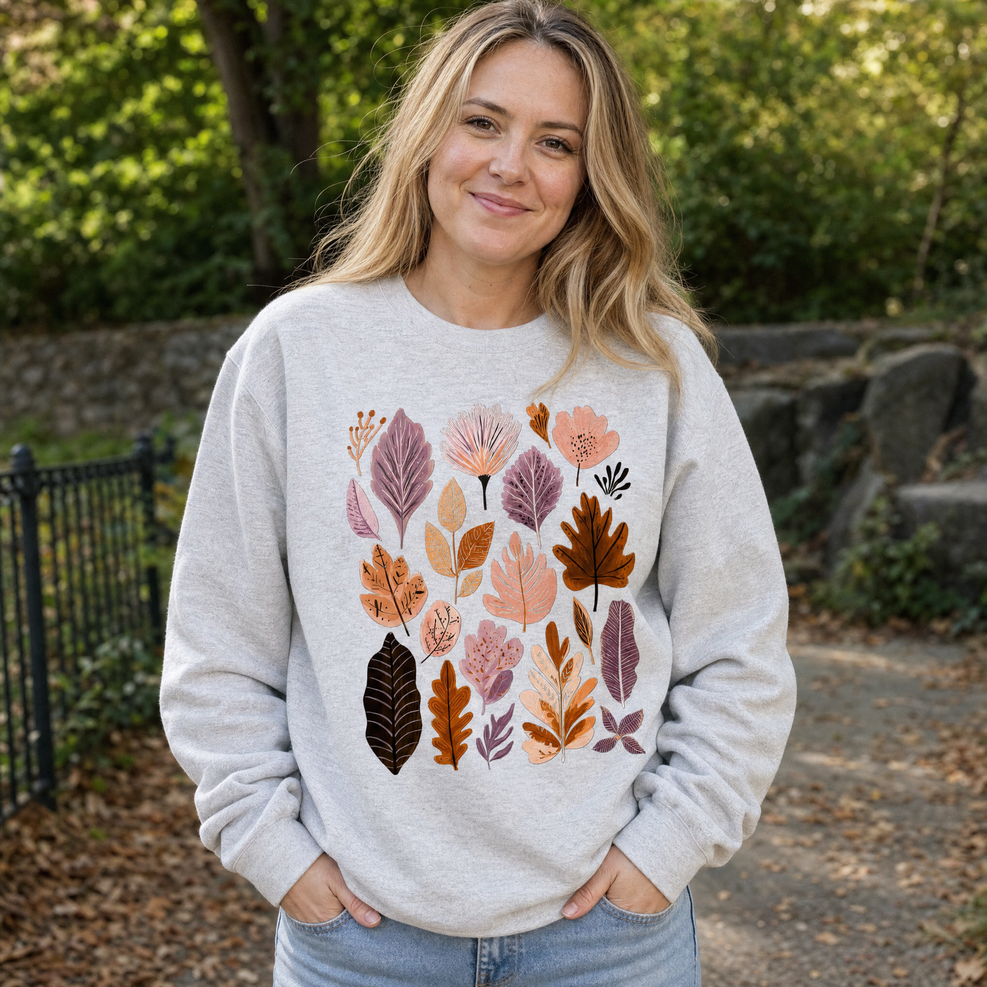 Model wearing the Abstract Autumn Leaves sweatshirt in Ash, lifestyle image 1