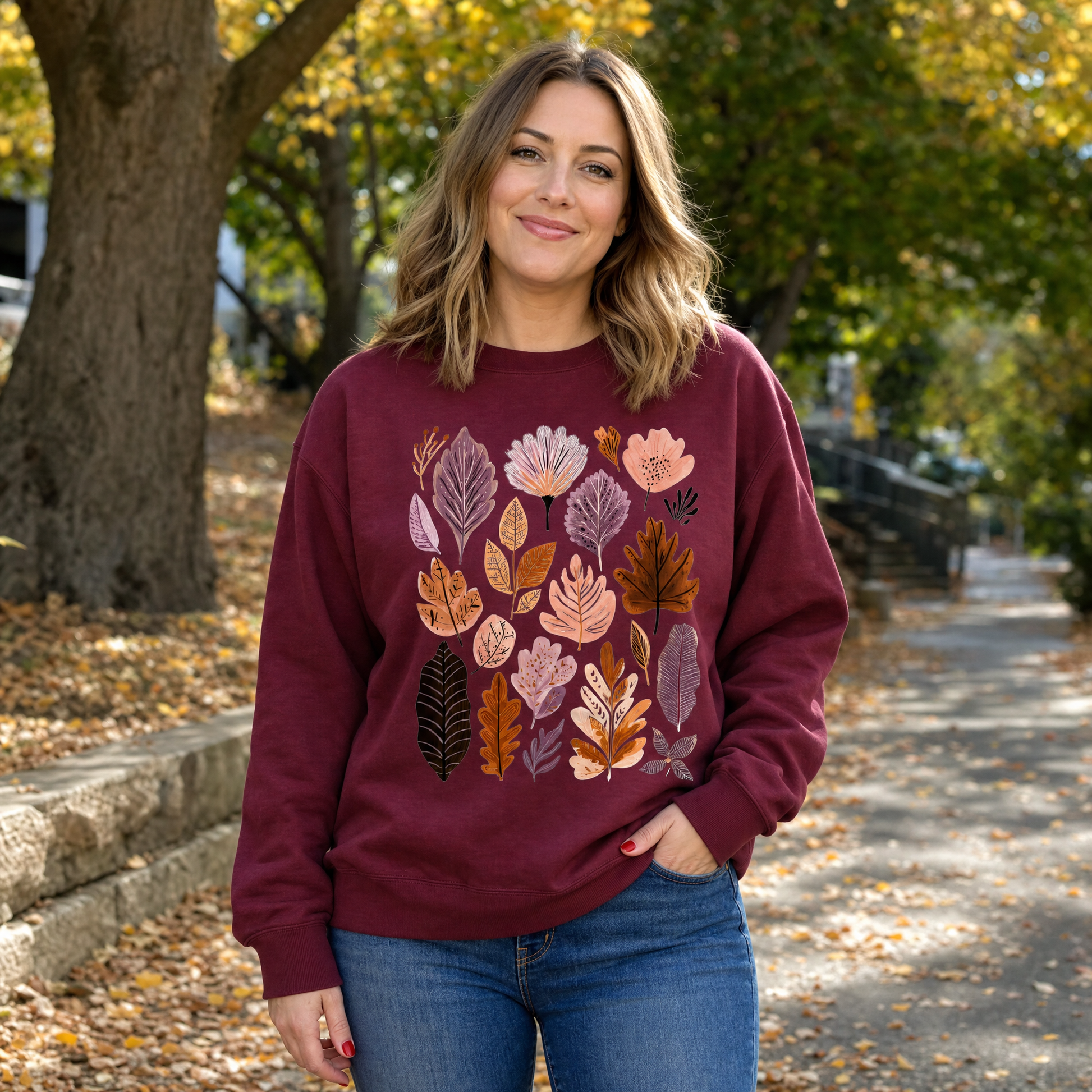 Model wearing the Abstract Autumn Leaves sweatshirt in Maroon