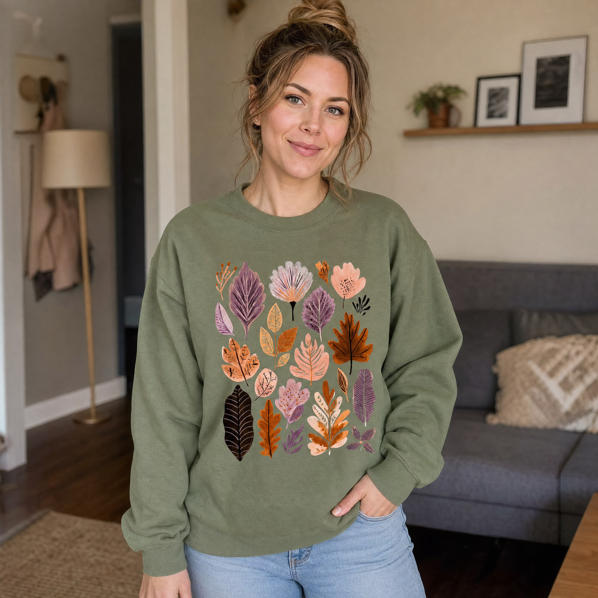 Model wearing the Abstract Autumn Leaves sweatshirt in Military Green