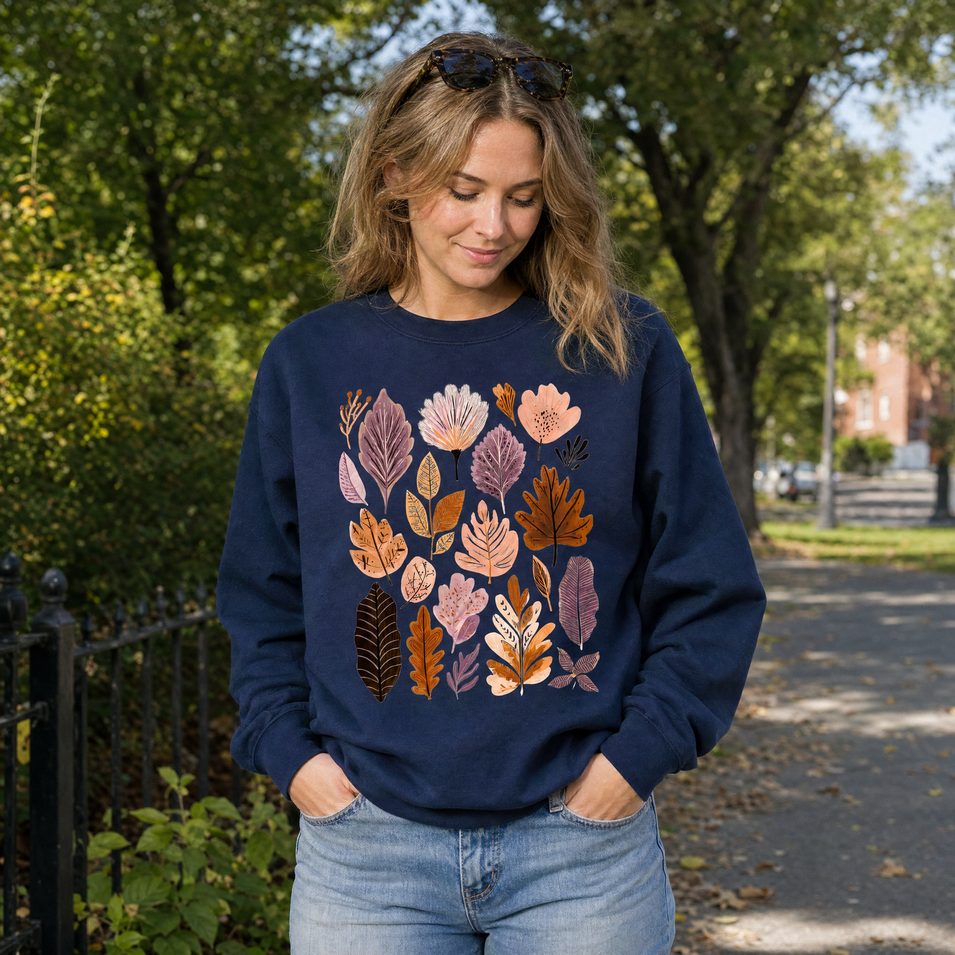 Model wearing the Abstract Autumn Leaves sweatshirt in Navy