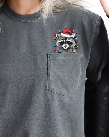 Adorable Christmas Raccoon, Pocket, Cute, Trash Panda, Santa, Winter Snow Pocket Tee Comfort Colors T-Shirt