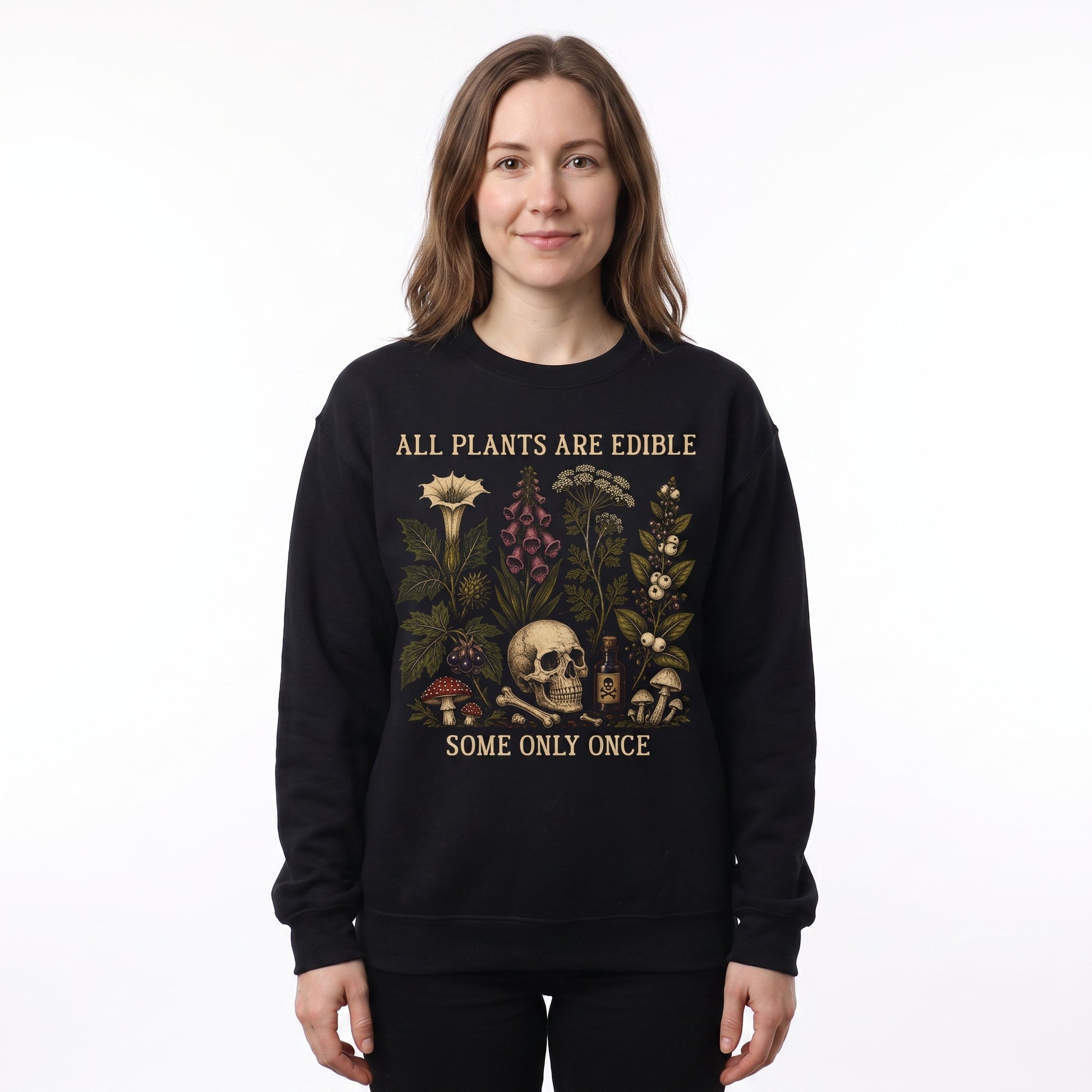 Model wearing the All Plants Edible sweatshirt in Black