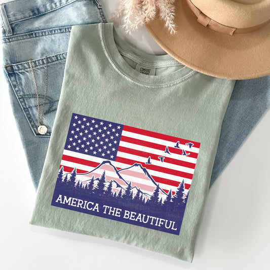 America The Beautiful, Flag, Mountains, Patriotic Tshirt