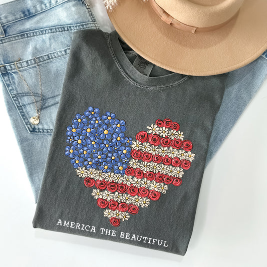 America The Beautiful, Flowers, Heart Flag, Patriotic Tshirt