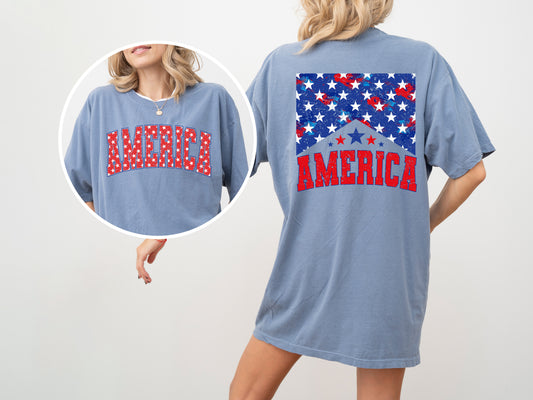 America, Red White Blue, Stars, Stripes, Patriotic, Independence Day, Front and Back, USA, Flag, Tshirt