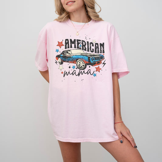 American Mama, Retro, Vintage, Muscle Car, Concert, Music, Patriotic, USA, Independence Day, Tshirt