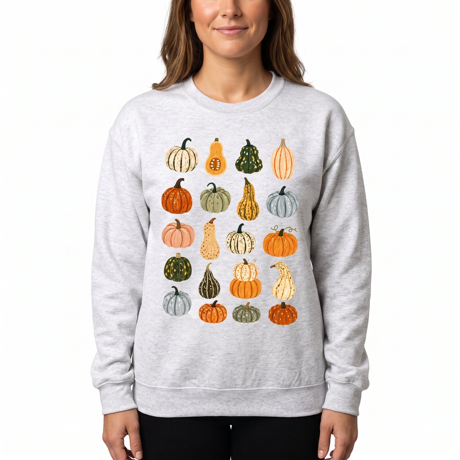 Model wearing the Assorted Gourds sweatshirt in Ash, cover image 1