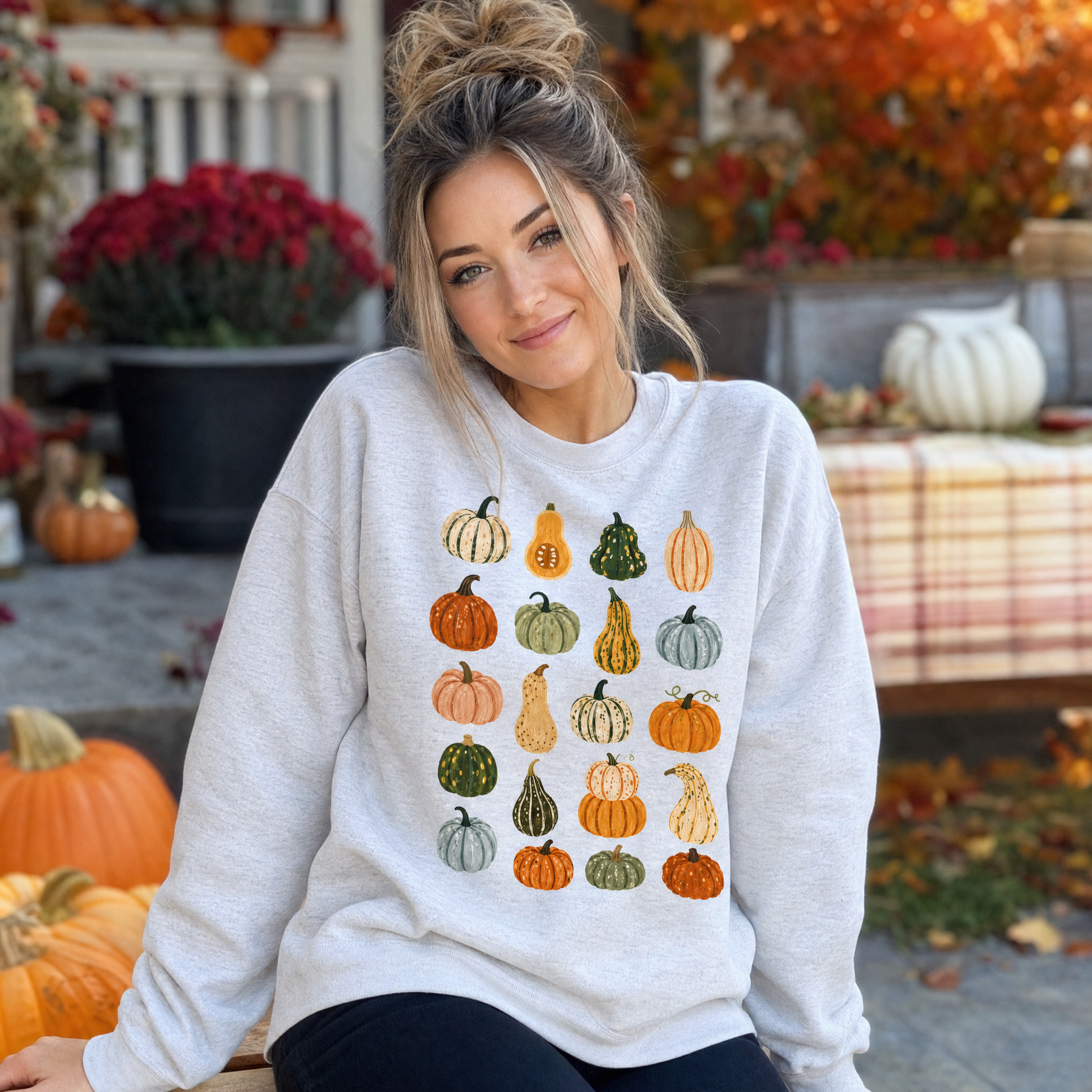 Model wearing the Assorted Gourds sweatshirt in Ash, lifestyle image 1