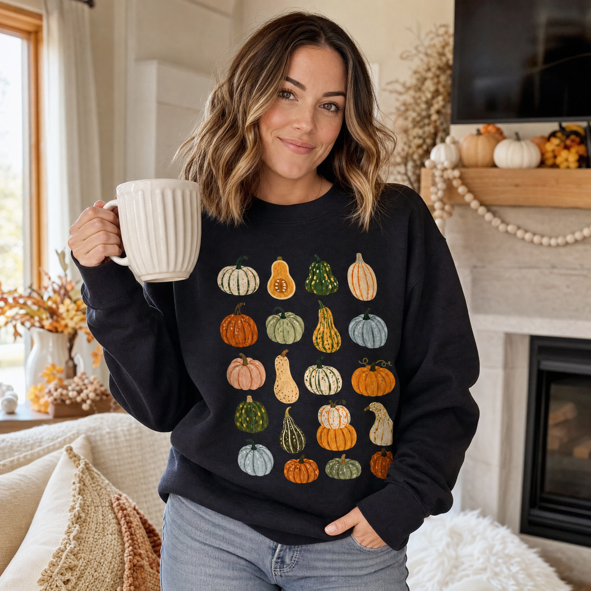 Model wearing the Assorted Gourds sweatshirt in Black