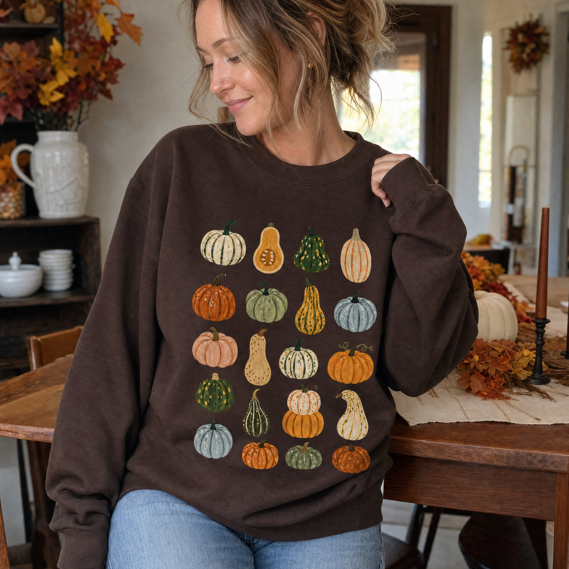 Model wearing the Assorted Gourds sweatshirt in Dark Chocolate