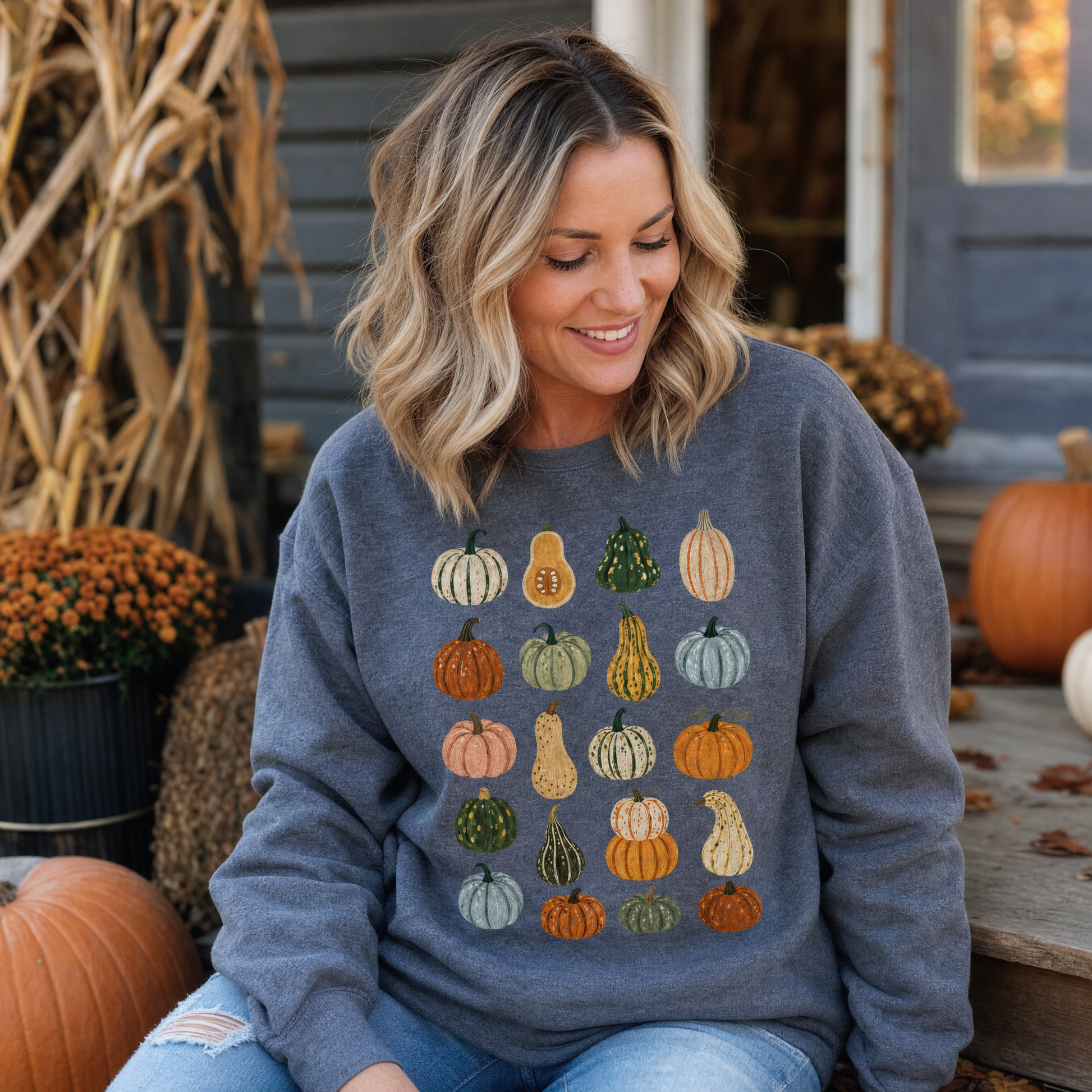 Model wearing the Assorted Gourds sweatshirt in Dark Heather