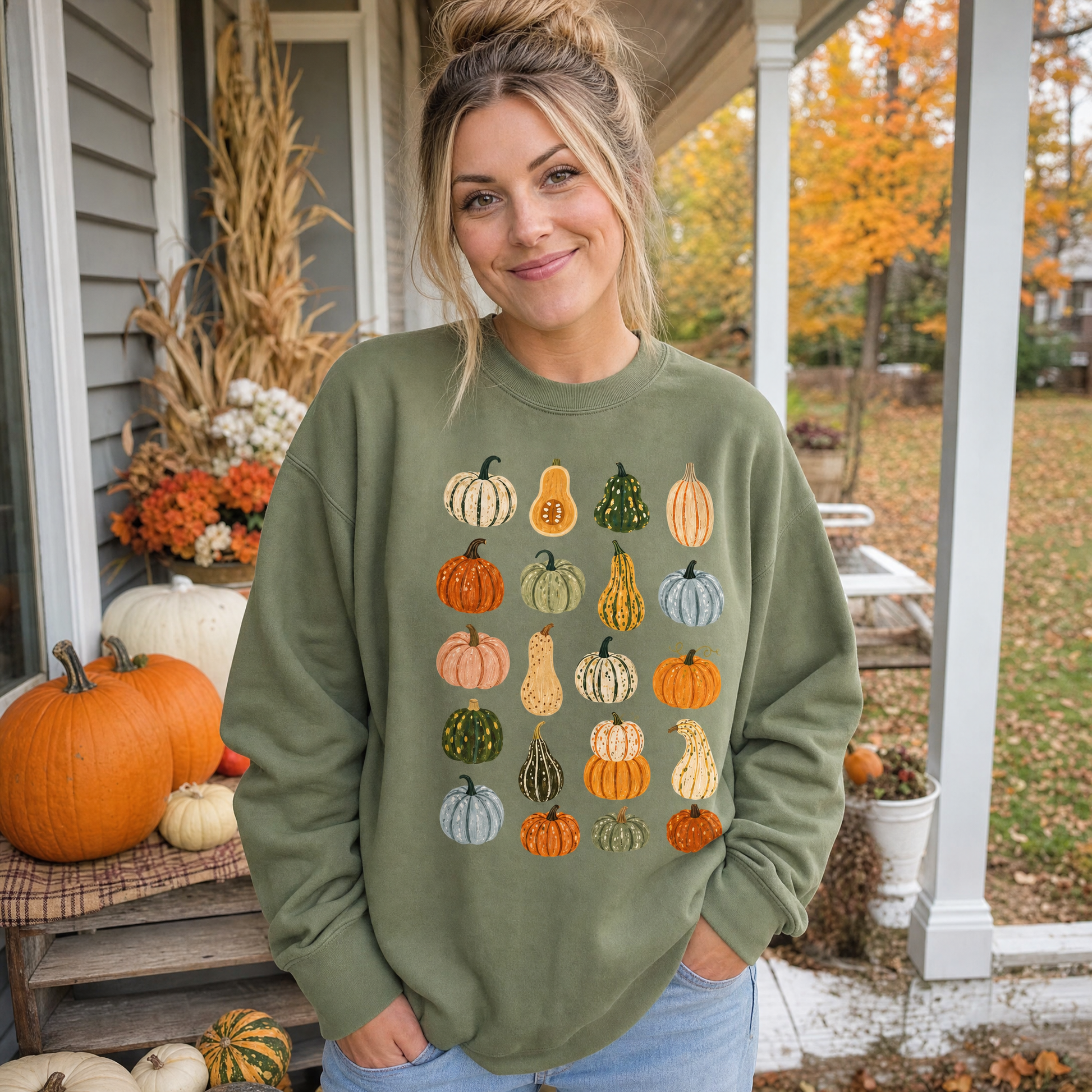 Model wearing the Assorted Gourds sweatshirt in Military Green