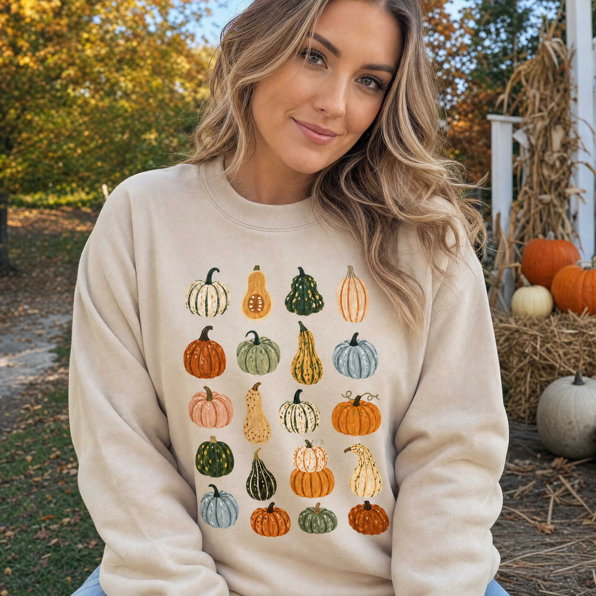 Model wearing the Assorted Gourds sweatshirt in Sand