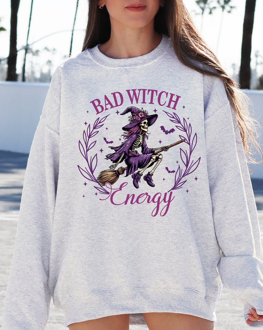 Bad Witch Energy, Funny, Halloween, Broom, Skeleton, Spooky Sweatshirt