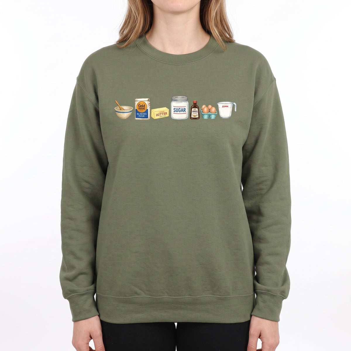 Model wearing the Baking Ingredients sweatshirt in Military Green, cover image 1