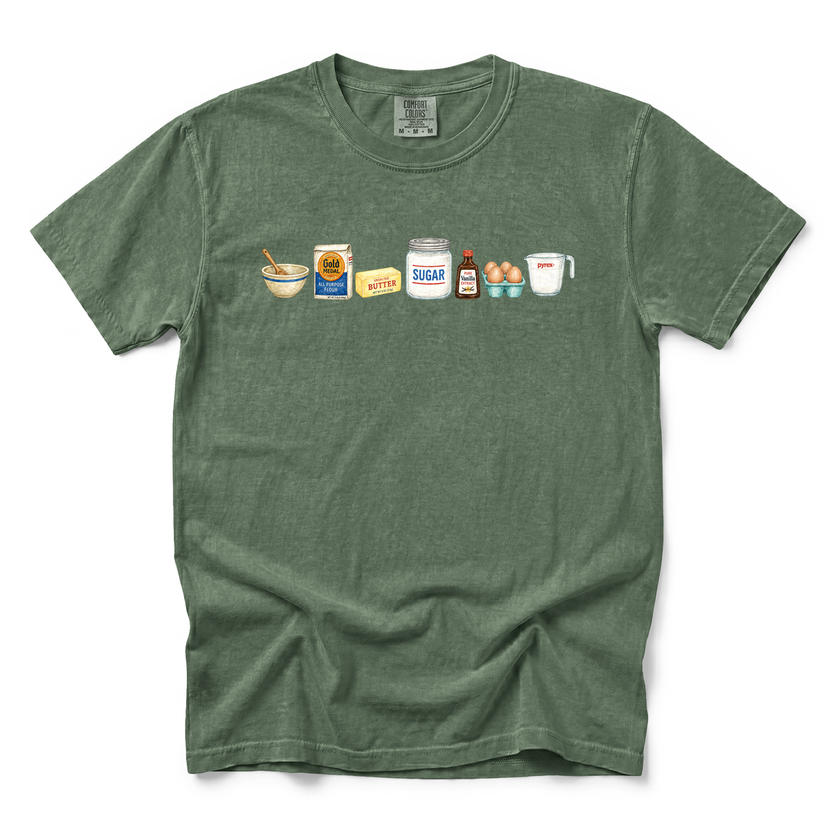 Baking Ingredients graphic on Comfort Colors 1717 in Moss