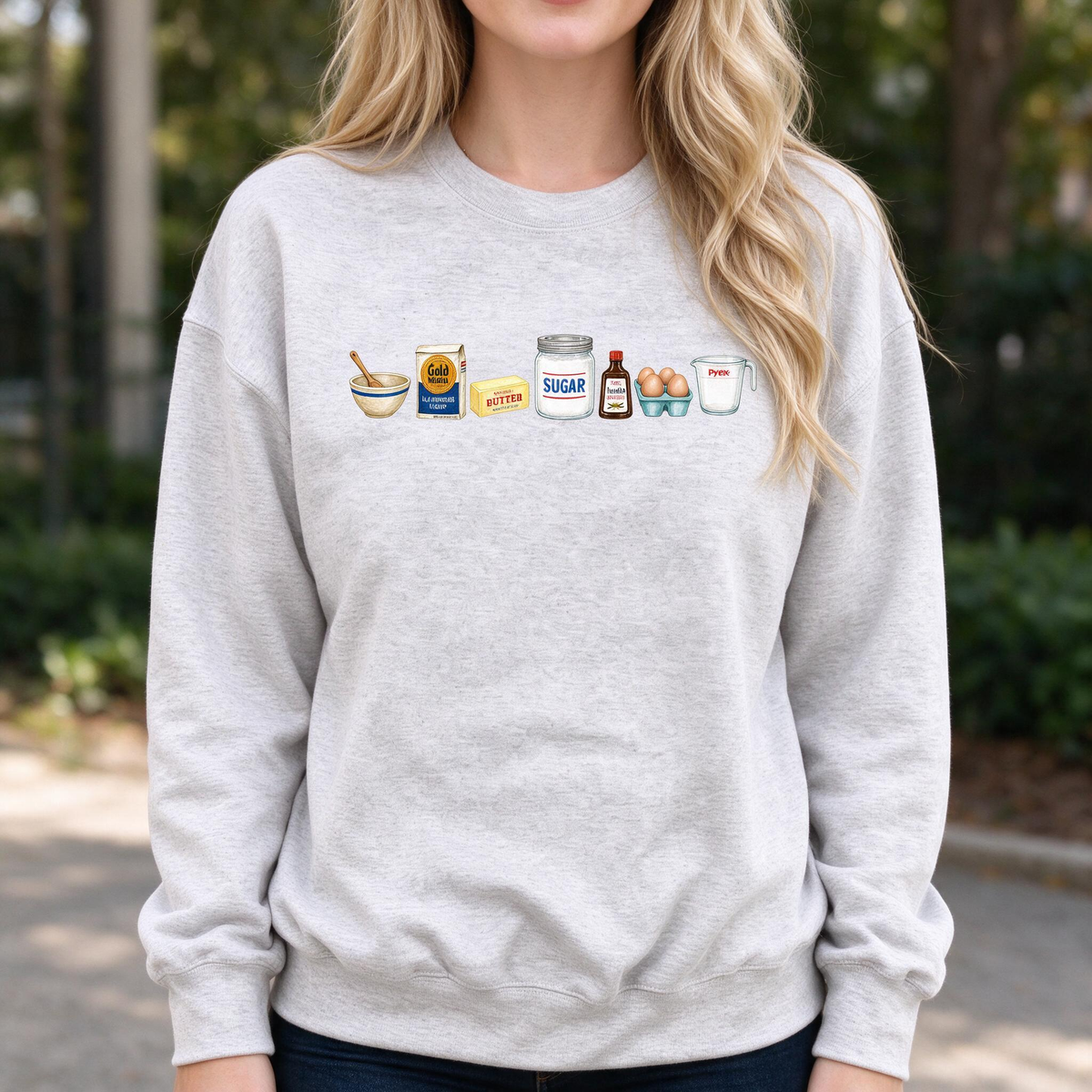 Model wearing the Baking Ingredients sweatshirt in Ash
