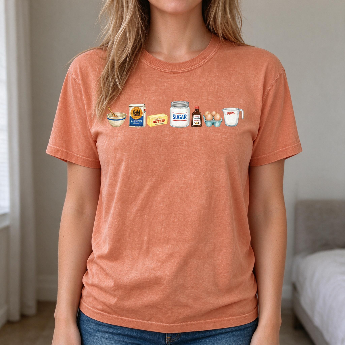 Model wearing the Baking Ingredients comfort colors tee in Yam
