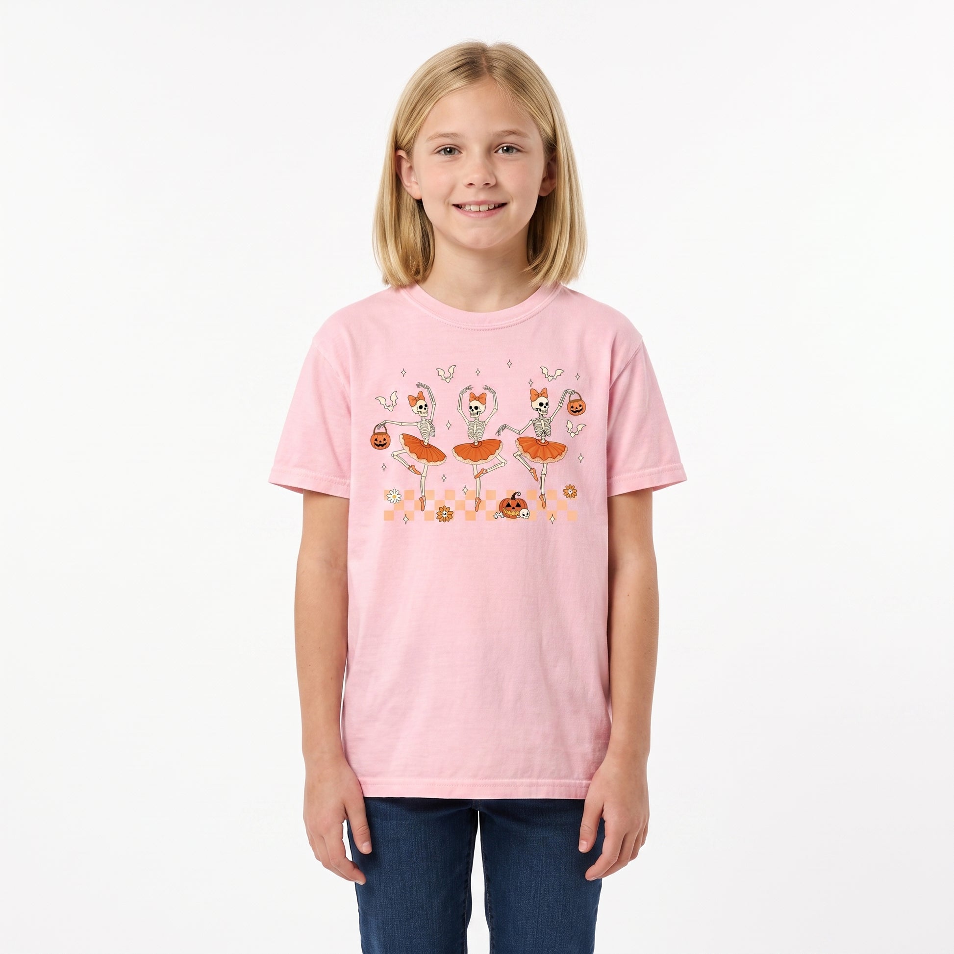 Model wearing the Ballerina Skeletons youth comfort colors tee in Blossom, cover image 1