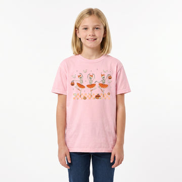 Model wearing the Ballerina Skeletons youth comfort colors tee in Blossom, cover image 1